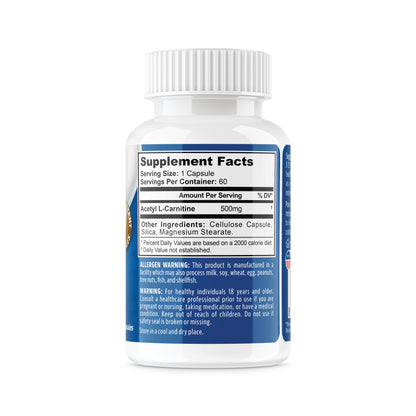 Acetyl L-Carnitine 500mg 60ct Acid Resistant Capsules (60 500mg Capsules Per Bottle) Veggie Caps